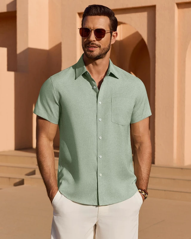 Alt view image 3 of 5 - Light Green Mens Linen Shirt Short Sleeve Casual Wrinkle Free Untucked Button Down Shirts Summer Beach Tops L