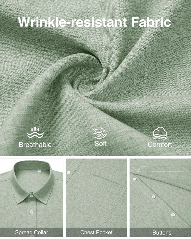 Alt view image 5 of 5 - Light Green Mens Linen Shirt Short Sleeve Casual Wrinkle Free Untucked Button Down Shirts Summer Beach Tops L