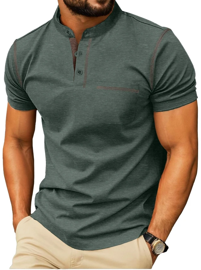 Main image of Mens Henley Shirts Short Sleeve Summer Casual Classic Cotton T Shirts Pocket Button Shirt Green