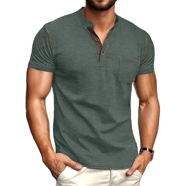 Alt view image 2 of 7 - Mens Henley Shirts Short Sleeve Summer Casual Classic Cotton T Shirts Pocket Button Shirt Green