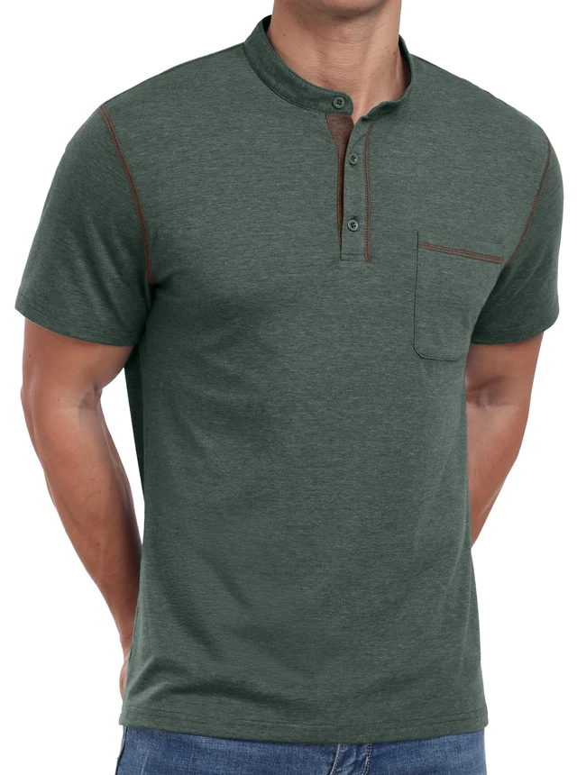 Alt view image 3 of 7 - Mens Henley Shirts Short Sleeve Summer Casual Classic Cotton T Shirts Pocket Button Shirt Green