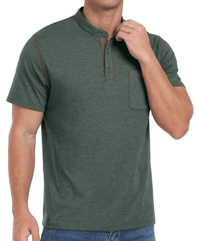 Alt view image 5 of 7 - Mens Henley Shirts Short Sleeve Summer Casual Classic Cotton T Shirts Pocket Button Shirt Green