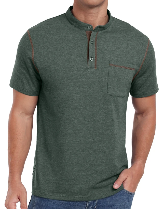 Alt view image 6 of 7 - Mens Henley Shirts Short Sleeve Summer Casual Classic Cotton T Shirts Pocket Button Shirt Green