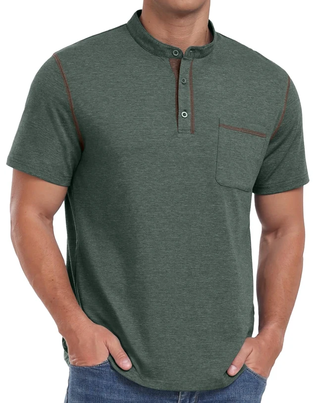Alt view image 7 of 7 - Mens Henley Shirts Short Sleeve Summer Casual Classic Cotton T Shirts Pocket Button Shirt Green