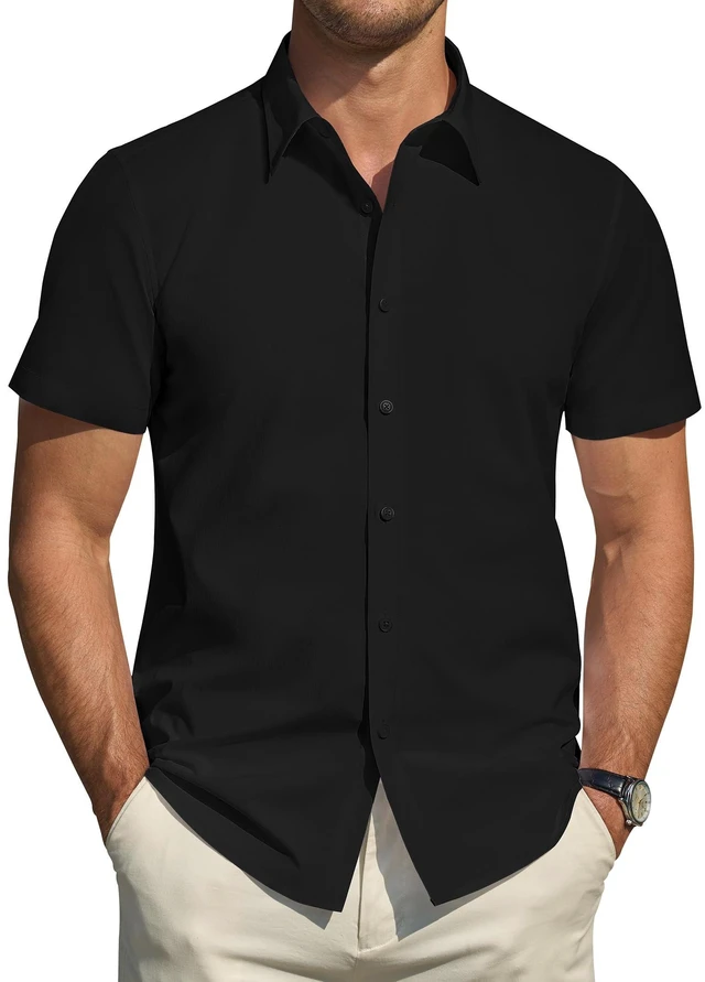 Main image of Men's Short Sleeve Dress Shirt Regular Fit Stretch Stain Defense Shirts Business Casual Button Down Shirt Black Medium