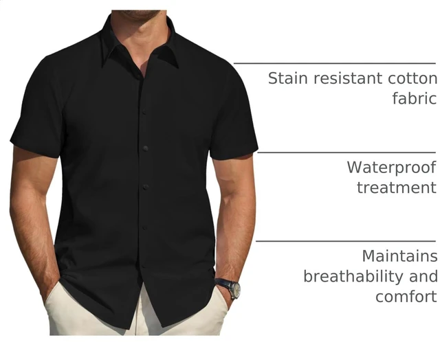 Alt view image 4 of 6 - Men's Short Sleeve Dress Shirt Regular Fit Stretch Stain Defense Shirts Business Casual Button Down Shirt Black Medium