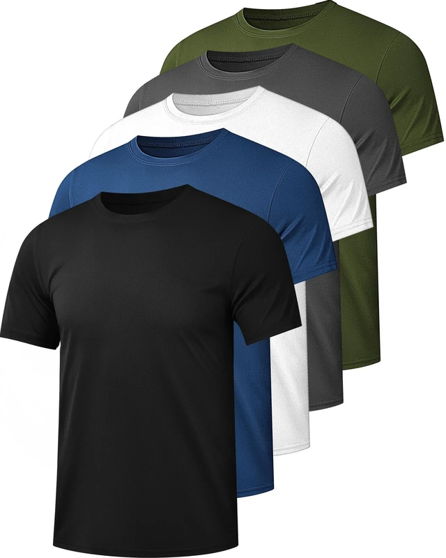 Main image of 5 Pack Men's Workout Gym Shirts Dry Fit Short Sleeve T Shirts | Quick Dry Fabric, Breathable Mesh, Moisture Wicking, Athletic Regular Fit, 1 Black 1 Gray 1 White 1 Blue 1 Green Large
