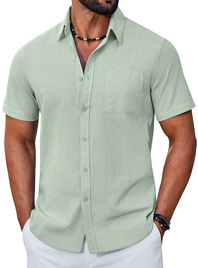Main image of Mens Short Sleeve Button Down Shirts Casual Lightweight Shirt Summer Beach Linen Textured Shirt