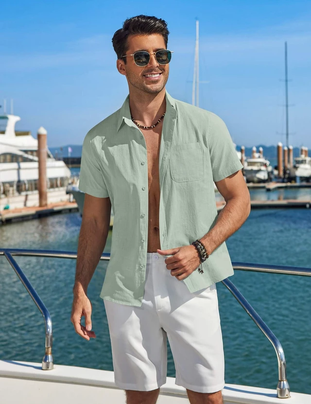 Alt view image 2 of 5 - Mens Short Sleeve Button Down Shirts Casual Lightweight Shirt Summer Beach Linen Textured Shirt