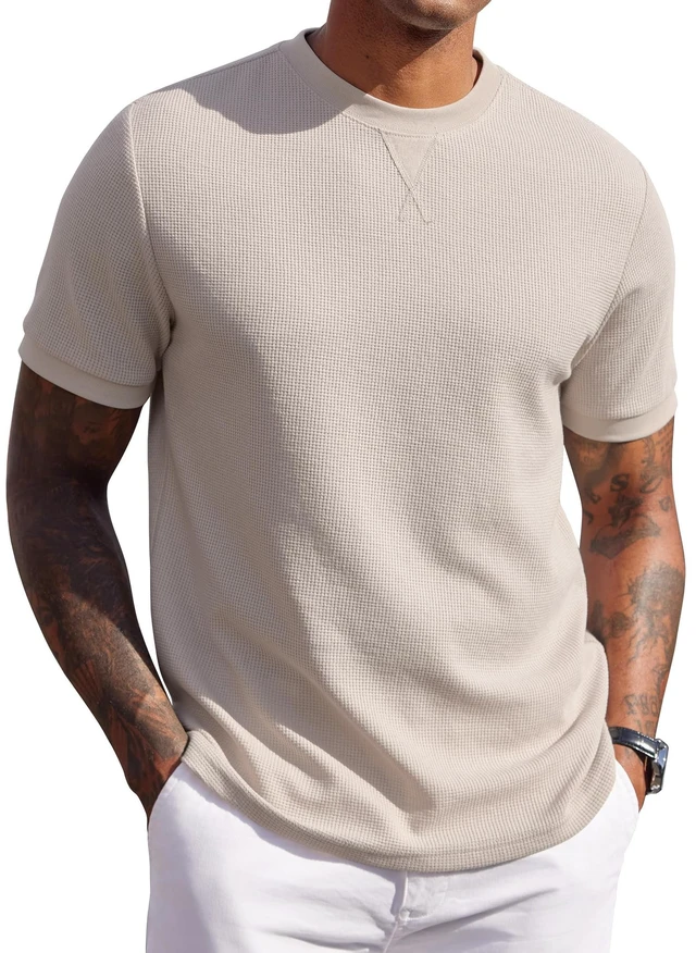 Main image of Men's Shirts Casual Waffle Short Sleeve Crewneck T Shirts Summer Plain Pullover Tees Moon Gray XL