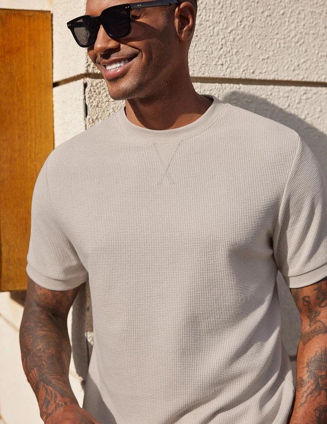 Alt view image 2 of 6 - Men's Shirts Casual Waffle Short Sleeve Crewneck T Shirts Summer Plain Pullover Tees Moon Gray XL