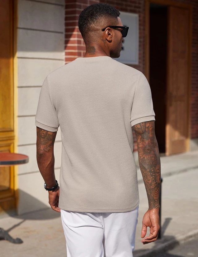 Alt view image 4 of 6 - Men's Shirts Casual Waffle Short Sleeve Crewneck T Shirts Summer Plain Pullover Tees Moon Gray XL