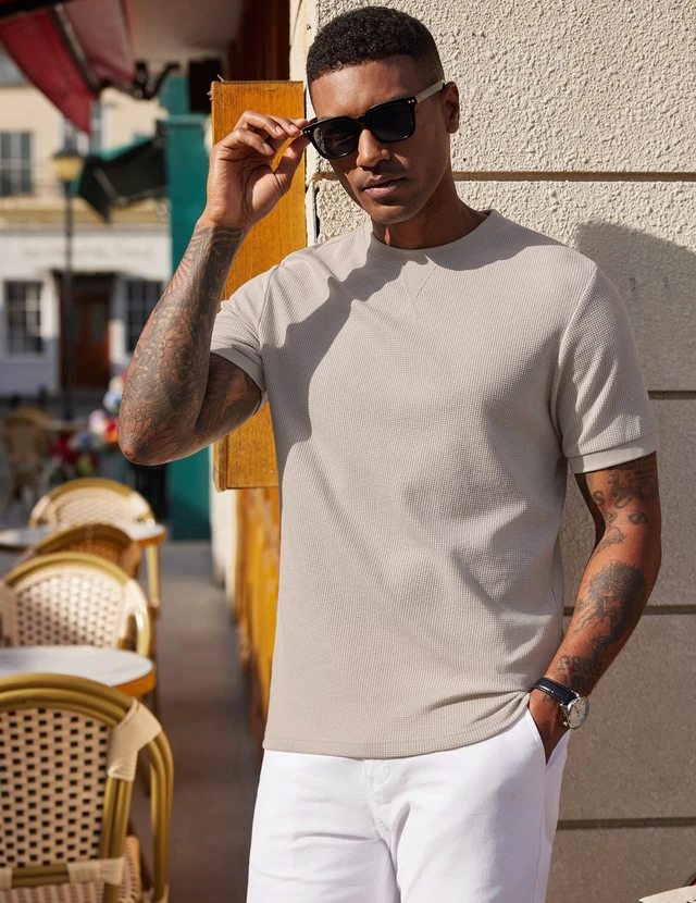 Alt view image 6 of 6 - Men's Shirts Casual Waffle Short Sleeve Crewneck T Shirts Summer Plain Pullover Tees Moon Gray XL