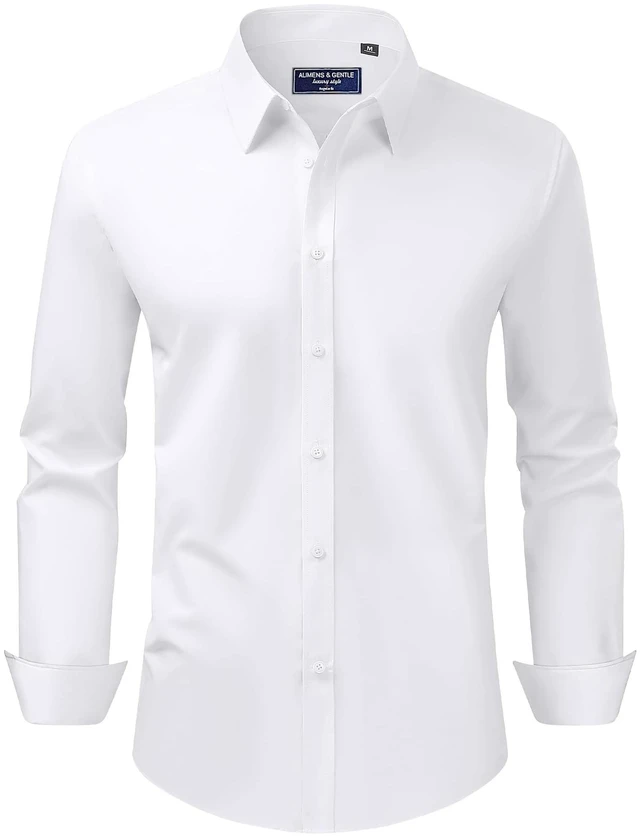 Main image of White Button Down Shirt Men Regular Fit Stretch Stain Shield Long Sleeve Solid Party Wedding Shirts,White,Medium