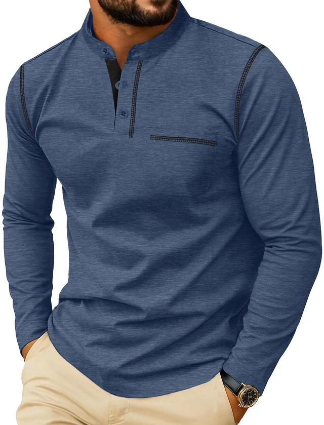 Main image of Men's Henley Shirts Long Sleeve Button T-Shirt Casual Stylish Cotton Pullover Shirt with Pocket Blue