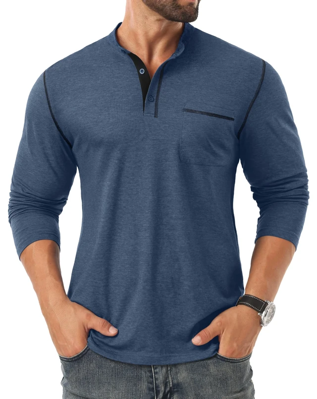 Alt view image 2 of 6 - Men's Henley Shirts Long Sleeve Button T-Shirt Casual Stylish Cotton Pullover Shirt with Pocket Blue