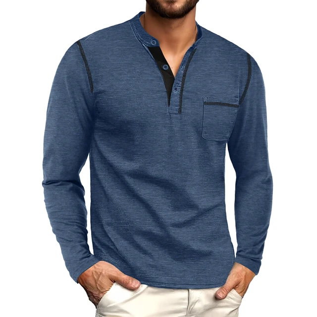 Alt view image 3 of 6 - Men's Henley Shirts Long Sleeve Button T-Shirt Casual Stylish Cotton Pullover Shirt with Pocket Blue