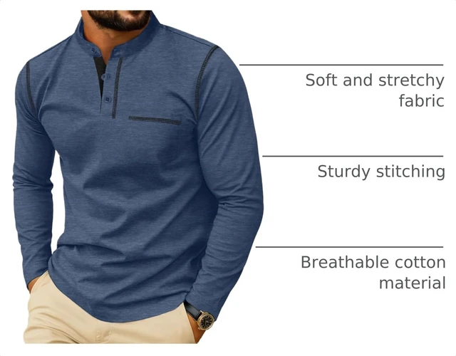Alt view image 4 of 6 - Men's Henley Shirts Long Sleeve Button T-Shirt Casual Stylish Cotton Pullover Shirt with Pocket Blue