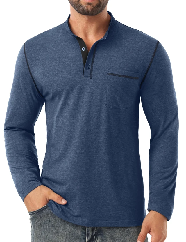 Alt view image 5 of 6 - Men's Henley Shirts Long Sleeve Button T-Shirt Casual Stylish Cotton Pullover Shirt with Pocket Blue