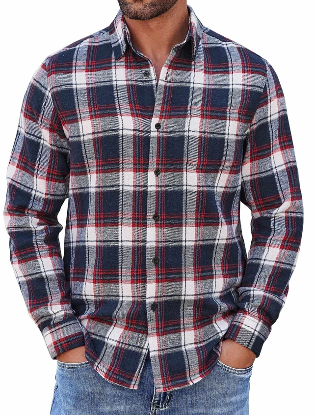Main image of Long Sleeve Flannel Shirt for Men Lightweight with Pocket Plaid Button Up Shirts Casual Stylish Shirts, Navy Red White Plaid, X-Large