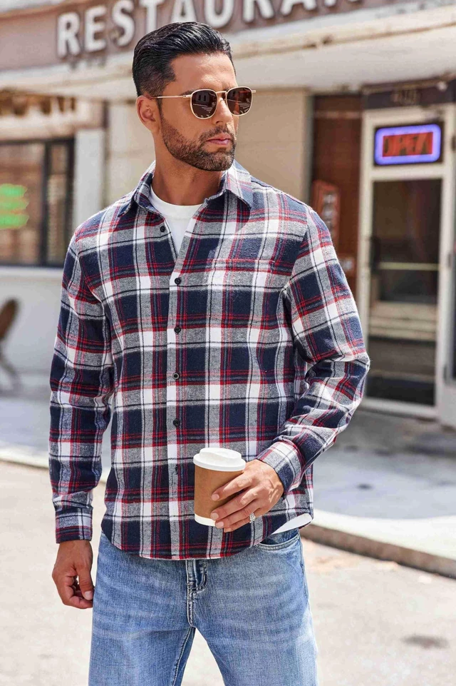 Alt view image 2 of 7 - Long Sleeve Flannel Shirt for Men Lightweight with Pocket Plaid Button Up Shirts Casual Stylish Shirts, Navy Red White Plaid, X-Large