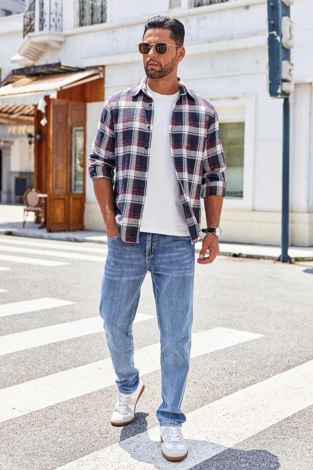 Alt view image 3 of 7 - Long Sleeve Flannel Shirt for Men Lightweight with Pocket Plaid Button Up Shirts Casual Stylish Shirts, Navy Red White Plaid, X-Large