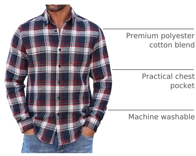 Alt view image 4 of 7 - Long Sleeve Flannel Shirt for Men Lightweight with Pocket Plaid Button Up Shirts Casual Stylish Shirts, Navy Red White Plaid, X-Large