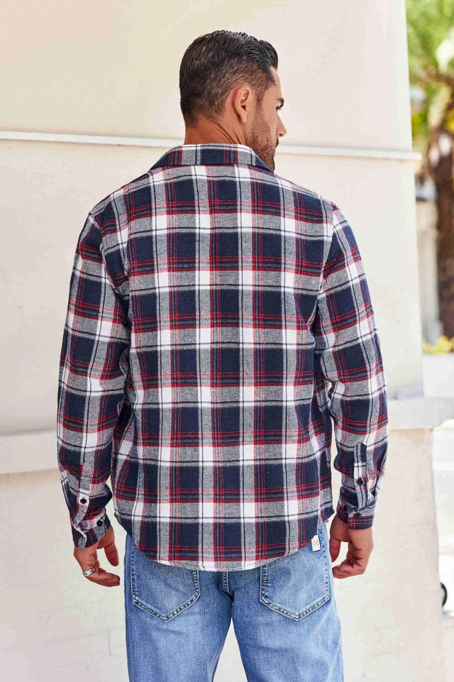 Alt view image 7 of 7 - Long Sleeve Flannel Shirt for Men Lightweight with Pocket Plaid Button Up Shirts Casual Stylish Shirts, Navy Red White Plaid, X-Large