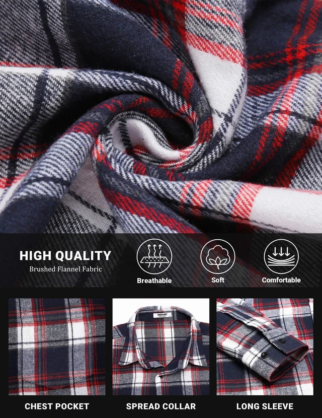 Alt view image 5 of 7 - Long Sleeve Flannel Shirt for Men Lightweight with Pocket Plaid Button Up Shirts Casual Stylish Shirts, Navy Red White Plaid, X-Large