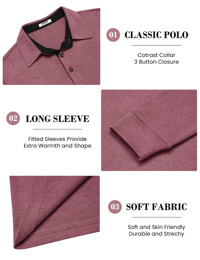 Alt view image 6 of 7 - Mens Polo Shirts Long Sleeve Casual Polo Shirts Button Down Shirts | Casual,Button Collar,Lightweight,Classic Basic,Soft fabric,Breathable
