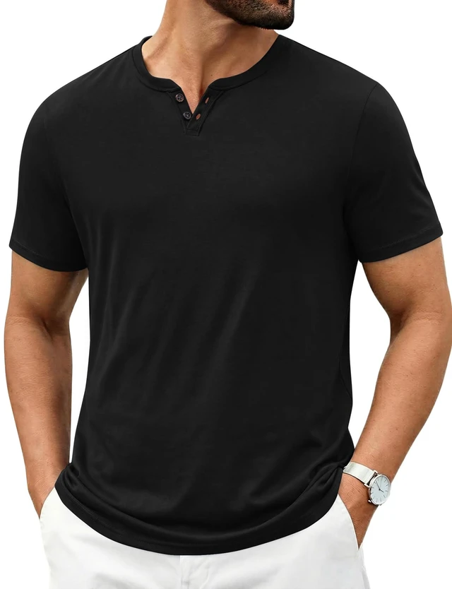 Main image of Black T Shirts for Men Button Neck Tee Shirts Casual Summer Basic Tee Shirt