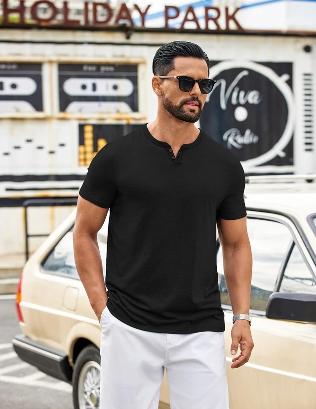 Alt view image 2 of 7 - Black T Shirts for Men Button Neck Tee Shirts Casual Summer Basic Tee Shirt
