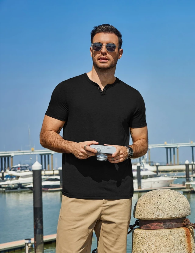 Alt view image 3 of 7 - Black T Shirts for Men Button Neck Tee Shirts Casual Summer Basic Tee Shirt
