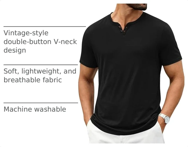 Alt view image 4 of 7 - Black T Shirts for Men Button Neck Tee Shirts Casual Summer Basic Tee Shirt