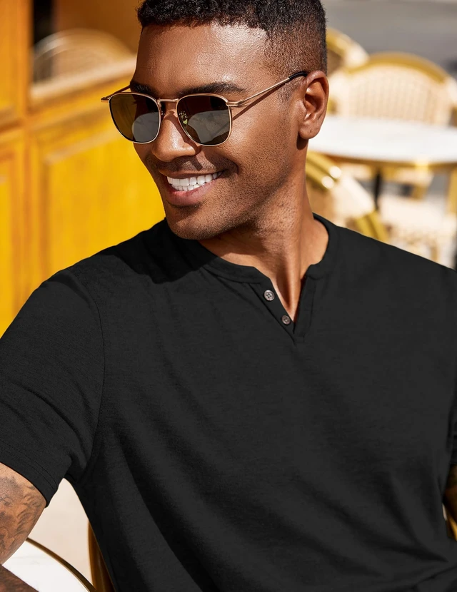 Alt view image 5 of 7 - Black T Shirts for Men Button Neck Tee Shirts Casual Summer Basic Tee Shirt