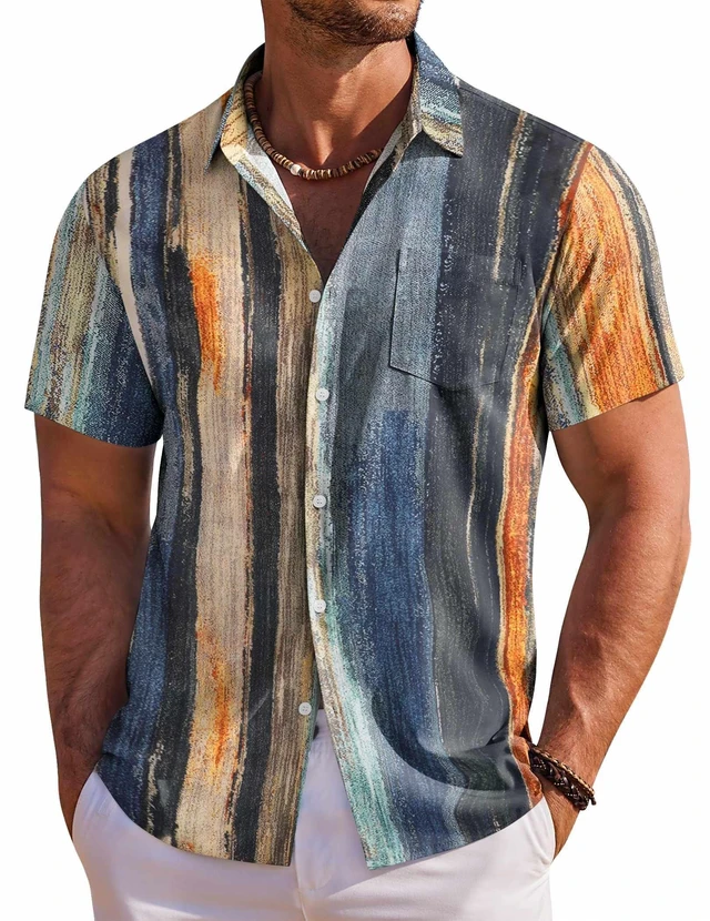 Main image of Mens Hawaiian Shirts Short Sleeve Button Down Shirts Casual Summer Shirts for Men, Striped - Oil Painting, Large
