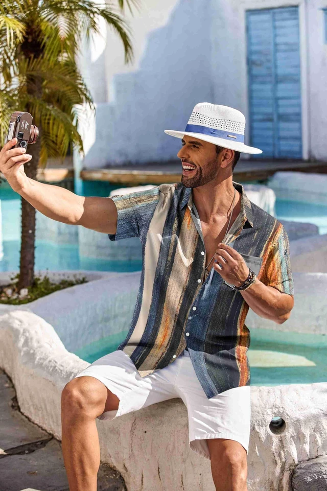 Alt view image 5 of 5 - Mens Hawaiian Shirts Short Sleeve Button Down Shirts Casual Summer Shirts for Men, Striped - Oil Painting, Large