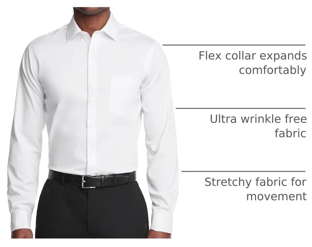 Alt view image 4 of 6 - Men's Dress Shirt Regular Fit Ultra Wrinkle Free Flex Collar Stretch, White, 17"-17.5" Neck 34"-35" Sleeve