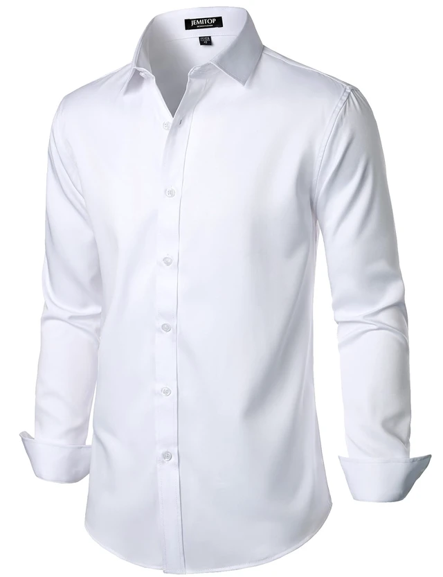Alt view image 3 of 7 - Mens Stretch Wrinkle Free Dress Shirts Solid White L | Formal, for Wedding, Prom, Long Sleeve, Button Down