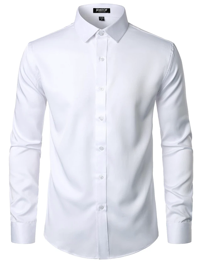Alt view image 2 of 7 - Mens Stretch Wrinkle Free Dress Shirts Solid White L | Formal, for Wedding, Prom, Long Sleeve, Button Down