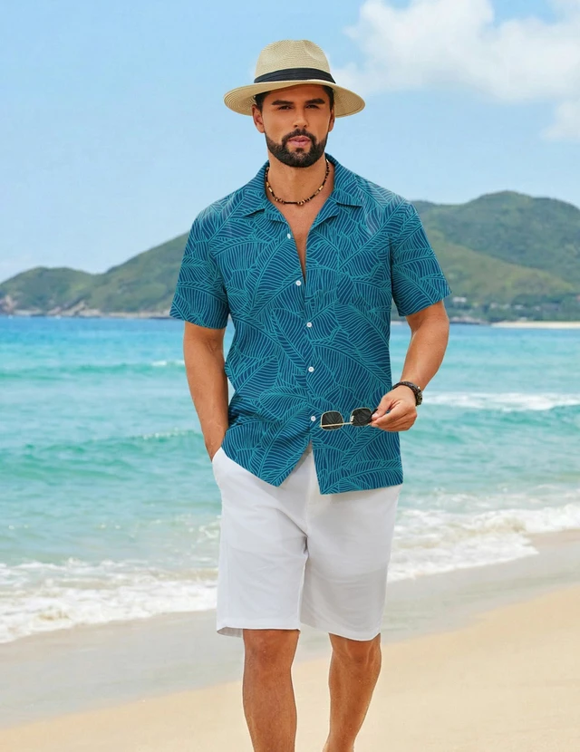 Alt view image 3 of 5 - Mens Hawaiian Shirt Short Sleeve Floral Button Down Shirts Tropical Summer Beach Shirts Camp Collar Shirt,Lake Green-Leaf,Large