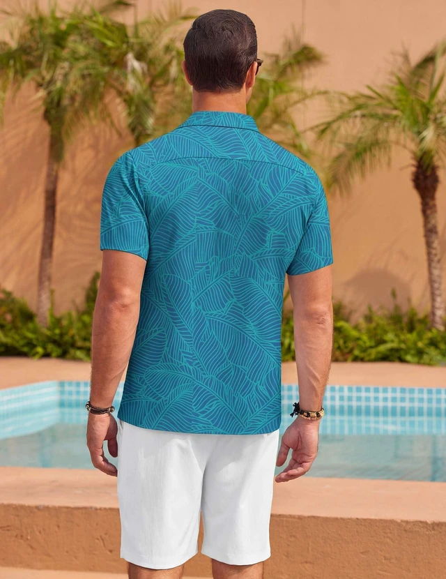 Alt view image 5 of 5 - Mens Hawaiian Shirt Short Sleeve Floral Button Down Shirts Tropical Summer Beach Shirts Camp Collar Shirt,Lake Green-Leaf,Large