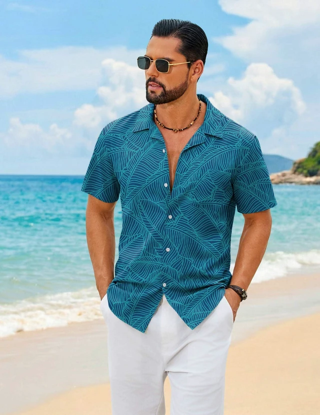 Alt view image 2 of 5 - Mens Hawaiian Shirt Short Sleeve Floral Button Down Shirts Tropical Summer Beach Shirts Camp Collar Shirt,Lake Green-Leaf,Large