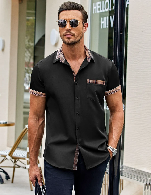 Alt view image 3 of 6 - Men's Button Up Shirts Short Sleeve Business Casual Dress Shirts for Men Black