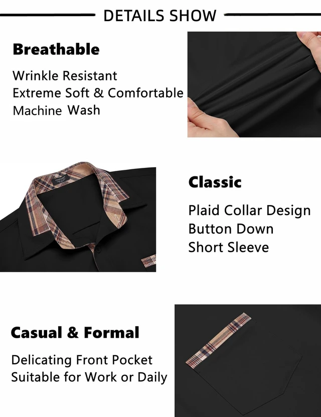 Alt view image 6 of 6 - Men's Button Up Shirts Short Sleeve Business Casual Dress Shirts for Men Black