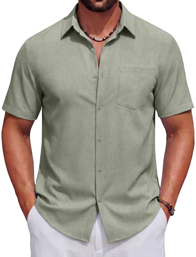 Main image of Mens Casual Beach Short Sleeve Lightweight Linen Textured Shirt | Textured Linen Shirt,Lightweight Shirt,Beach Vacation Resort Wear,Wedding Tops,Machine Washable