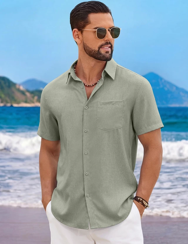 Alt view image 2 of 7 - Mens Casual Beach Short Sleeve Lightweight Linen Textured Shirt | Textured Linen Shirt,Lightweight Shirt,Beach Vacation Resort Wear,Wedding Tops,Machine Washable