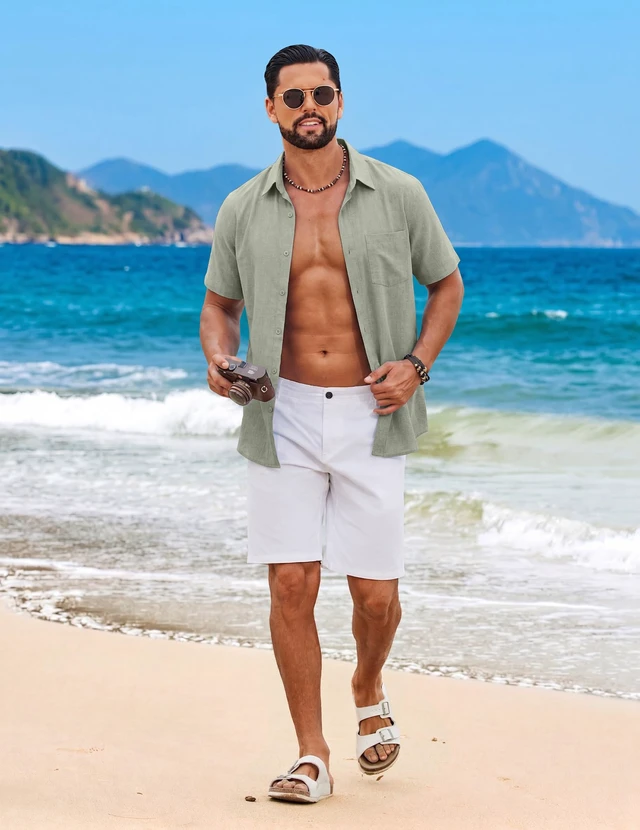 Alt view image 3 of 7 - Mens Casual Beach Short Sleeve Lightweight Linen Textured Shirt | Textured Linen Shirt,Lightweight Shirt,Beach Vacation Resort Wear,Wedding Tops,Machine Washable