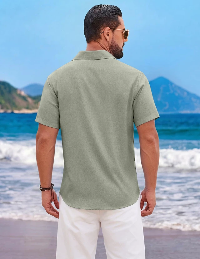 Alt view image 5 of 7 - Mens Casual Beach Short Sleeve Lightweight Linen Textured Shirt | Textured Linen Shirt,Lightweight Shirt,Beach Vacation Resort Wear,Wedding Tops,Machine Washable