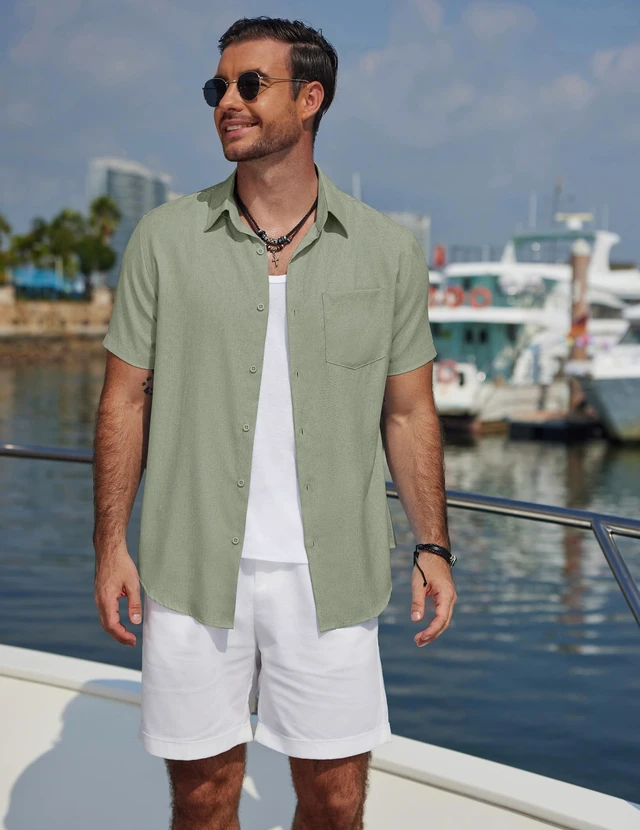 Alt view image 6 of 7 - Mens Casual Beach Short Sleeve Lightweight Linen Textured Shirt | Textured Linen Shirt,Lightweight Shirt,Beach Vacation Resort Wear,Wedding Tops,Machine Washable